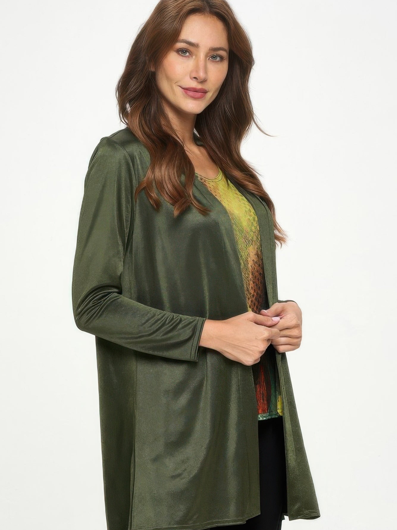 Satin Washer Duster Jacket in olive, long-sleeve outerwear, perfect for layering over outfits.