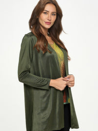 Satin Washer Duster Jacket in olive, long-sleeve outerwear, perfect for layering over outfits.