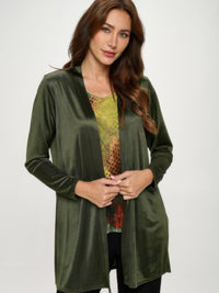Satin Washer Duster Jacket styled in olive green, ideal for layering and adding shine to any outfit.