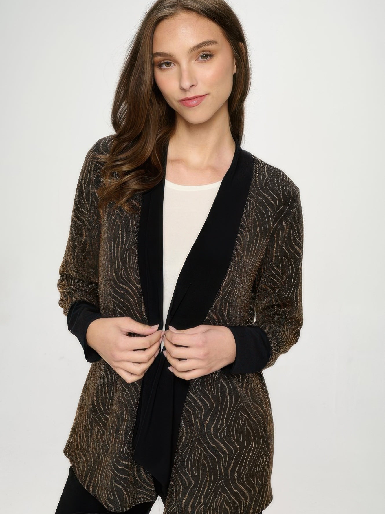 Glitter Nylon Long Sleeve Contrast Jacket in a black and metallic design, featuring a modern open front and long sleeves.