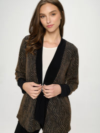 Glitter Nylon Long Sleeve Contrast Jacket in a black and metallic design, featuring a modern open front and long sleeves.