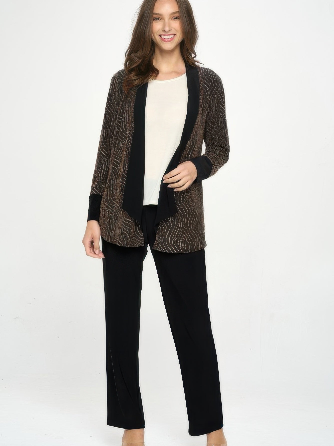 Glitter Nylon Long Sleeve Contrast Jacket displayed by a model, showcasing a black base and metallic glitter print.