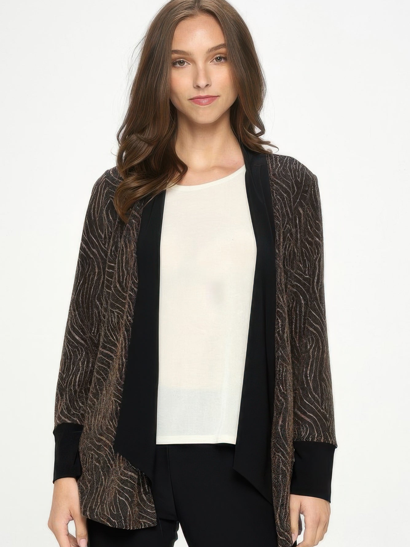 Glitter Nylon Long Sleeve Contrast Jacket styled on a model, featuring a black base with metallic glitter print.