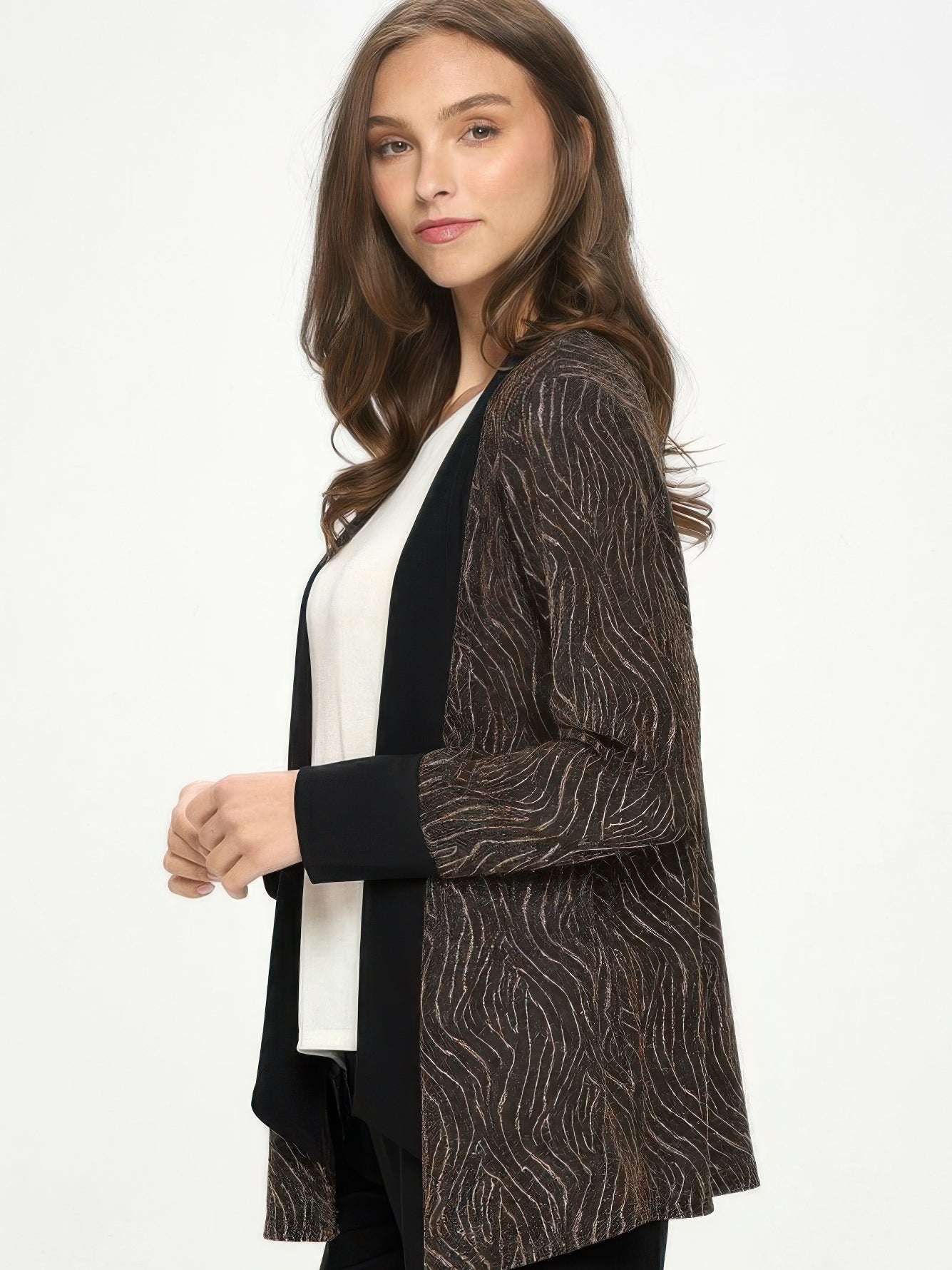 Glitter Nylon Long Sleeve Contrast Jacket on model, showcasing metallic glitter print and draped silhouette.