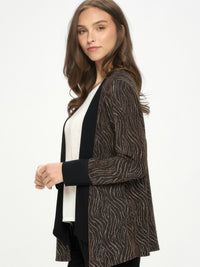 Glitter Nylon Long Sleeve Contrast Jacket on model, showcasing metallic glitter print and draped silhouette.