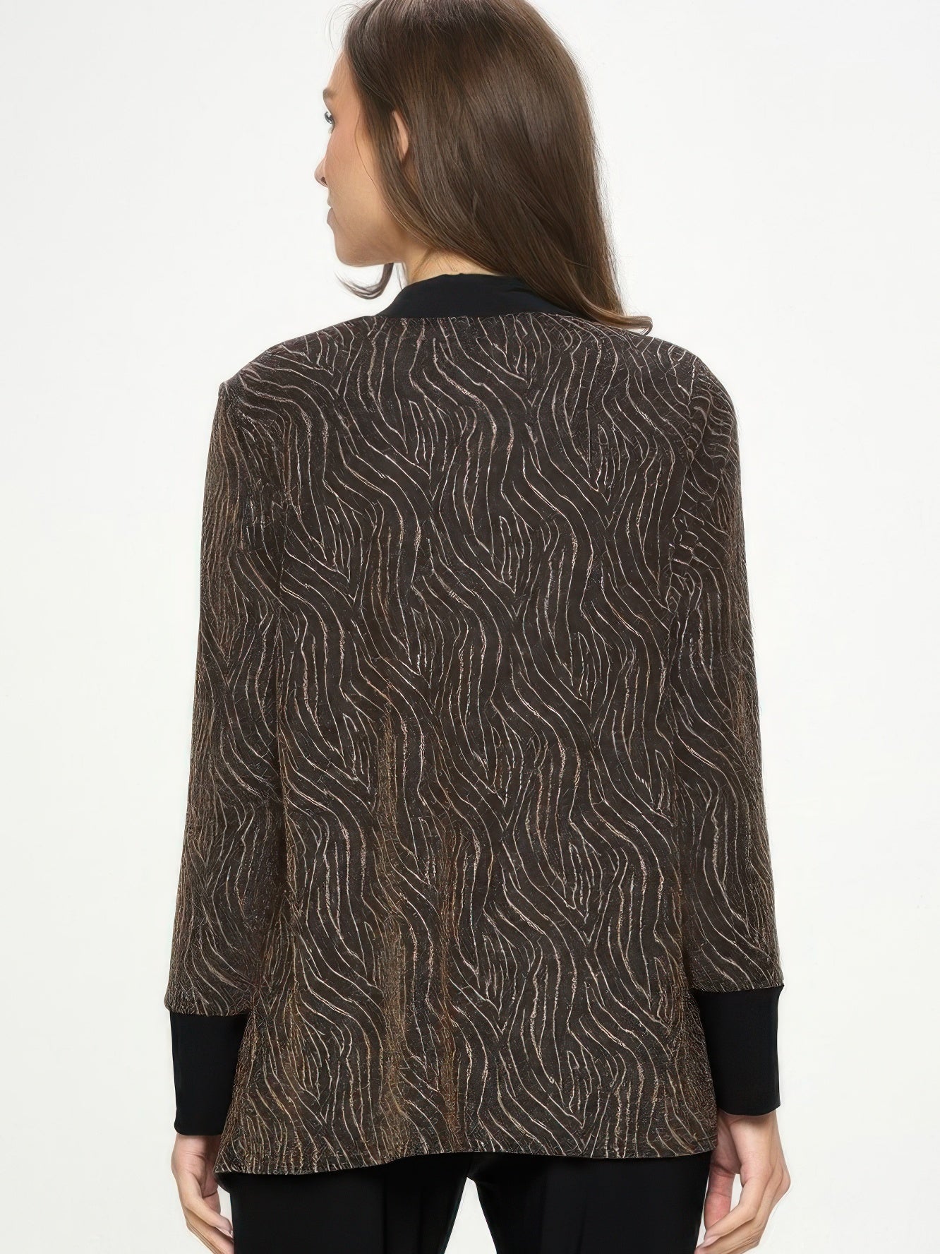 Model wearing Glitter Nylon Long Sleeve Contrast Jacket showcasing the back design with metallic glitter print.