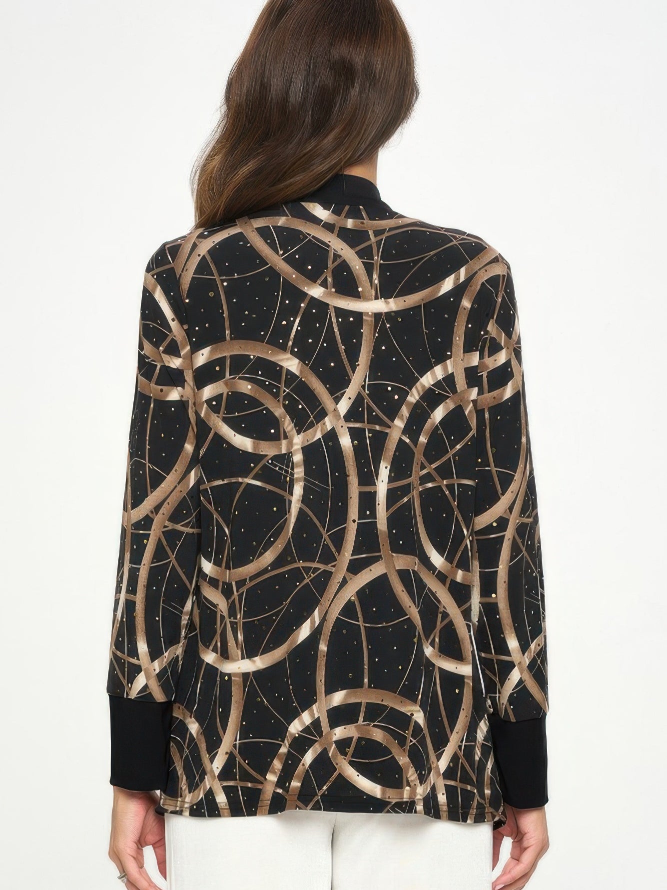 Back view of the Glitter Long Sleeve Contrast Jacket featuring a shimmering print and elegant draped silhouette.