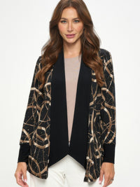 Glitter Long Sleeve Contrast Jacket worn by model showcasing draped silhouette and shimmering print panels.