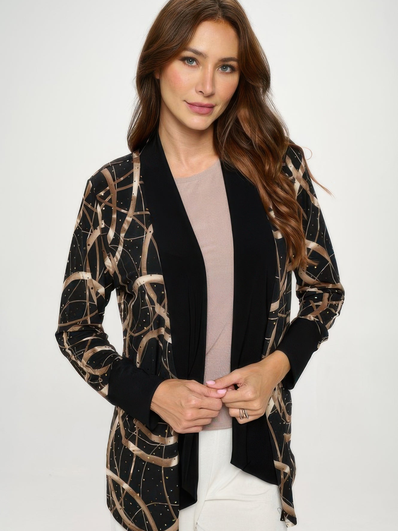 Model wearing a Glitter Long Sleeve Contrast Jacket with black base and shimmering print panels.