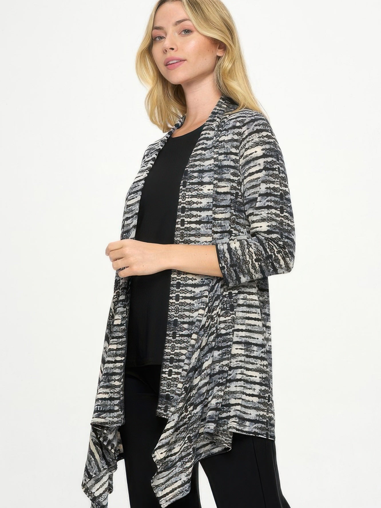ITY Draped Wrap Jacket in dynamic printed design, quarter-sleeve layering piece for comfort and style.