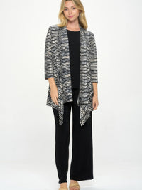 ITY Draped Wrap Jacket worn over a black top and black pants, featuring a stylish draped design and quarter sleeves.