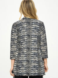 Back view of the ITY Draped Wrap Jacket showcasing its dynamic printed design and quarter-sleeve style.