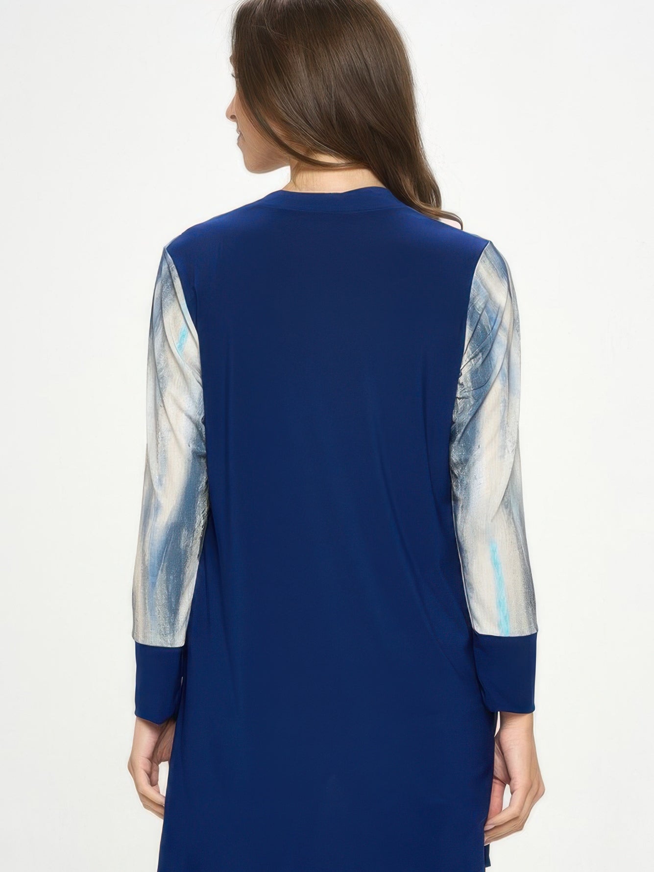 Back view of ITY Contrast Cardigan showcasing long sleeves with print panels and a breathable design.