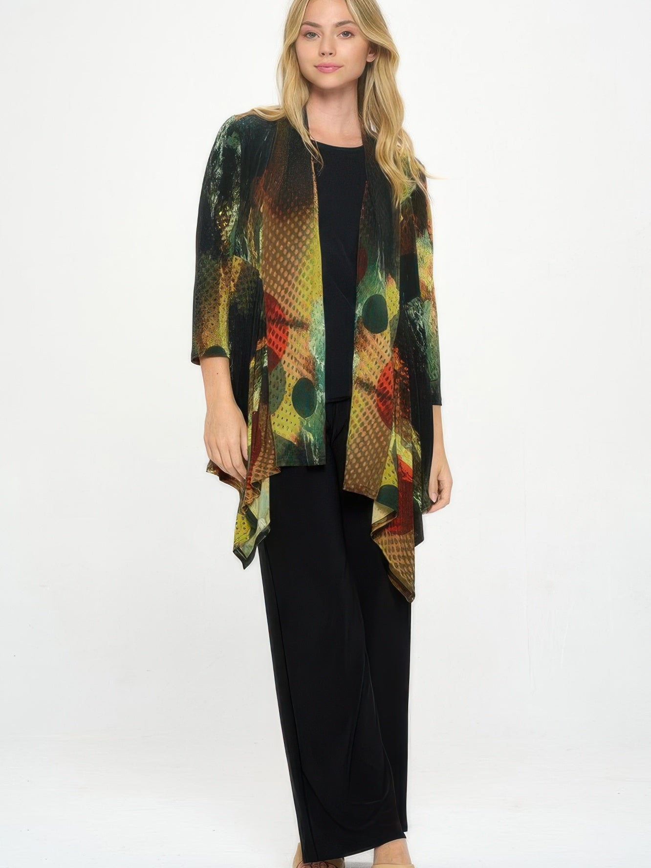 ITY Draped Wrap Jacket featuring a vibrant printed design and a soft drape front, perfect for stylish layering.