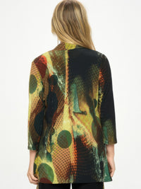 Back view of ITY Draped Wrap Jacket showcasing its vibrant printed design and quarter-sleeve style.