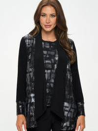 Model wearing a Nylon Foil Sequin Contrast Jacket featuring metallic foil finish and black back panel.