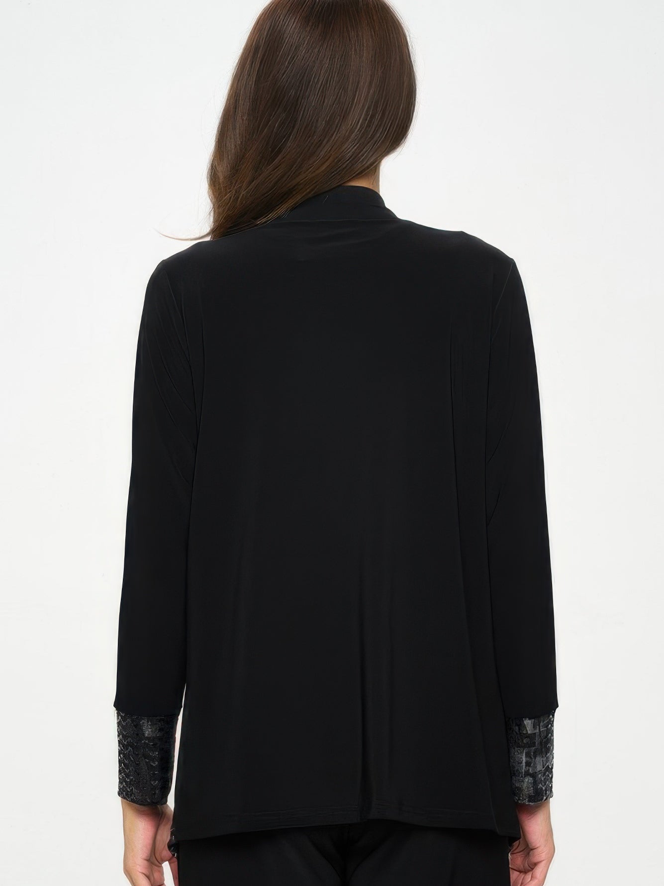 Back view of a stylish Nylon Foil Sequin Contrast Jacket with black fabric and metallic detailed sleeves.