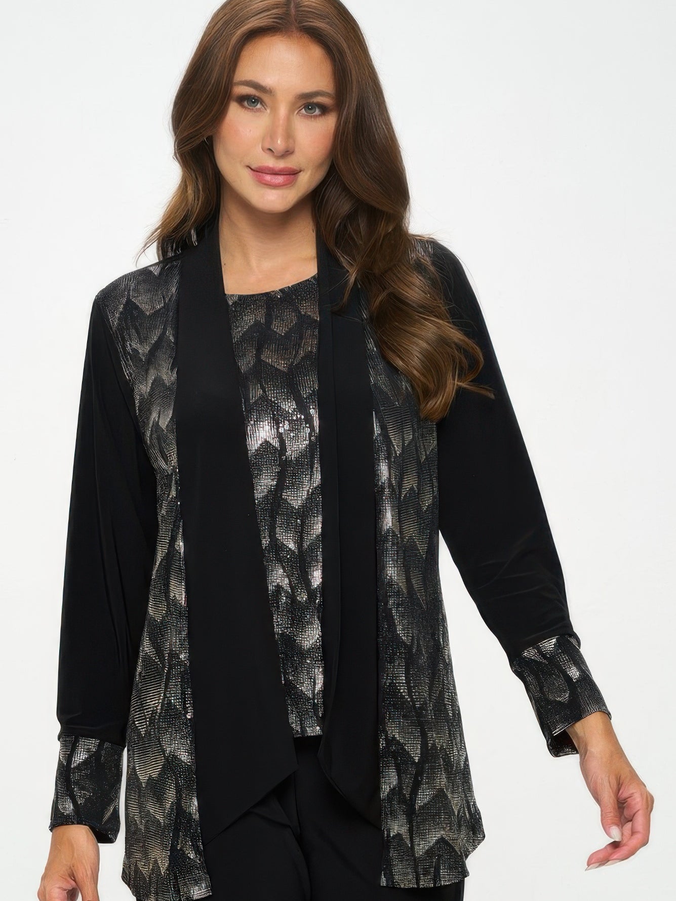 Model wearing a Nylon Foil Sequin Contrast Jacket with metallic detailing and a structured lapel.