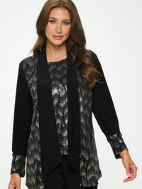 Model wearing a Nylon Foil Sequin Contrast Jacket with metallic detailing and a structured lapel.