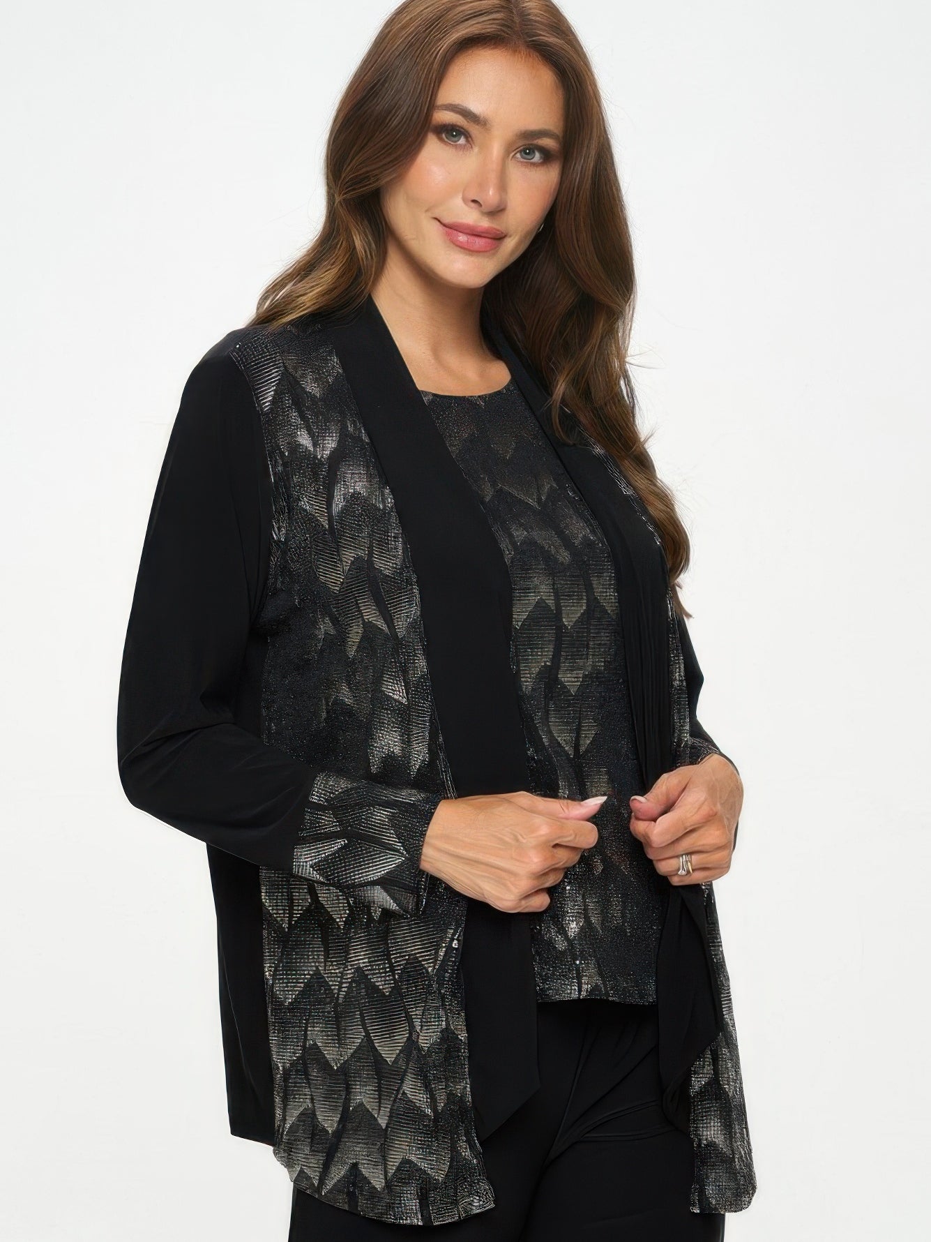 Nylon Foil Sequin Contrast Jacket worn by a model, featuring metallic detailing and a tailored fit.