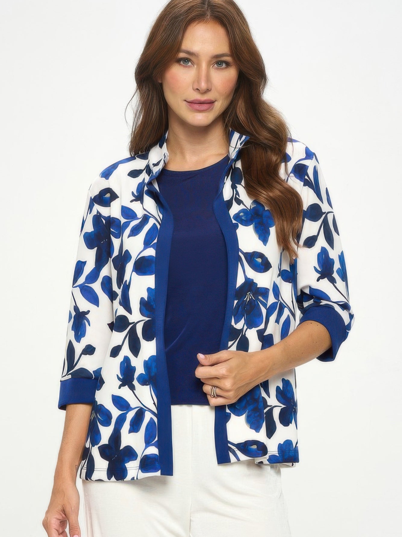 Damboru Print Contrast Jacket showcasing blue Magnolia print on elegant fabric with navy accents.