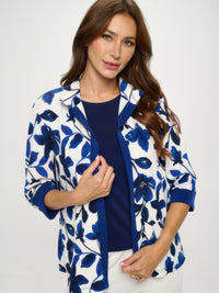 Damboru Print Contrast Jacket featuring a blue Magnolia print and Mandarin collar with navy trim.