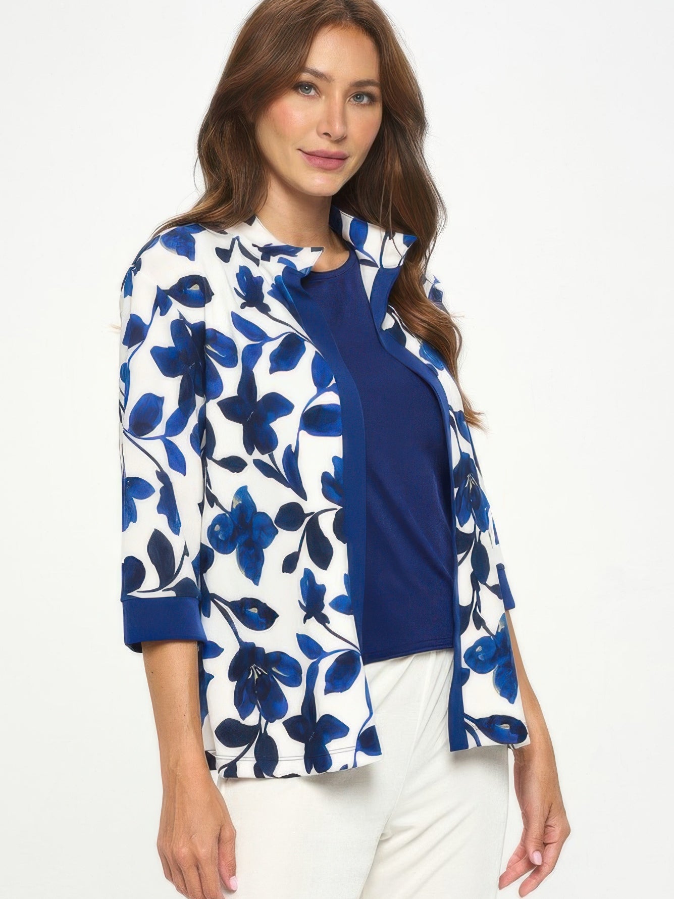Damboru Print Contrast Jacket showcasing blue Magnolia print and Mandarin collar with navy trim.
