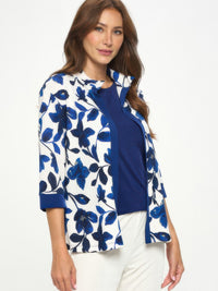 Damboru Print Contrast Jacket showcasing blue Magnolia print and Mandarin collar with navy trim.