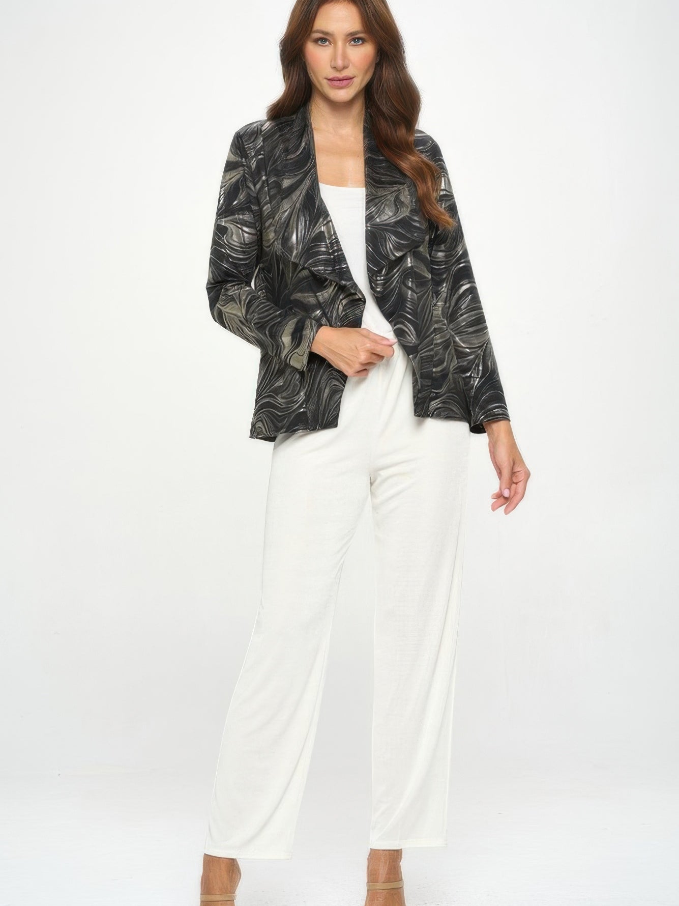 BG Foil Long Sleeve Jacket worn by a model, featuring a swirls foil print and classic notched lapel for a refined look.