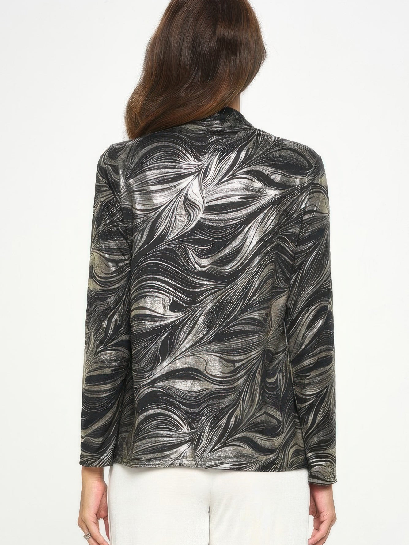 Back view of BG Foil Long Sleeve Jacket showcasing elegant foil print and tailored silhouette.