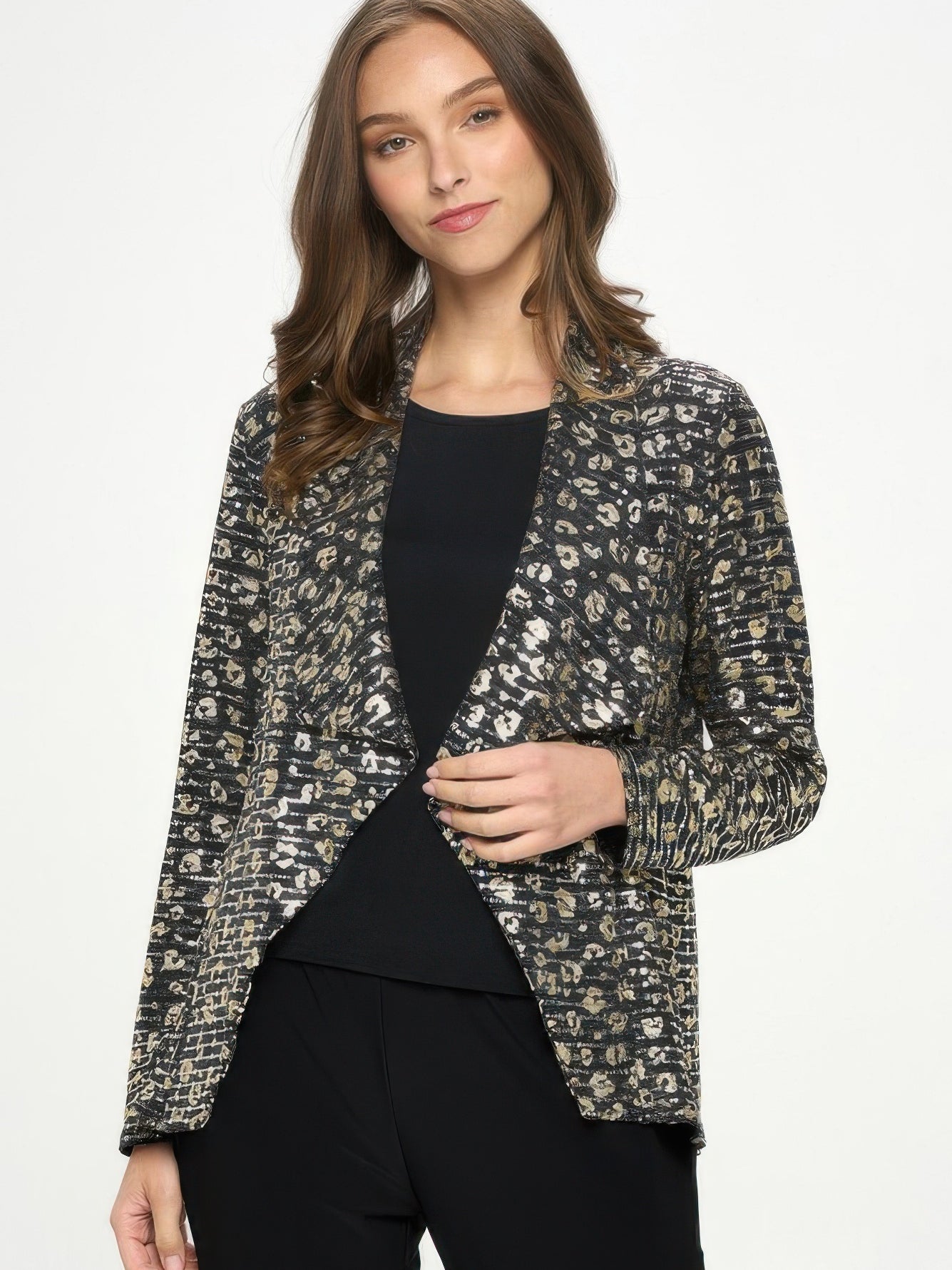Trence Nylon Long Sleeve Jacket featuring cheetah print and gold accents, perfect for stylish layering.