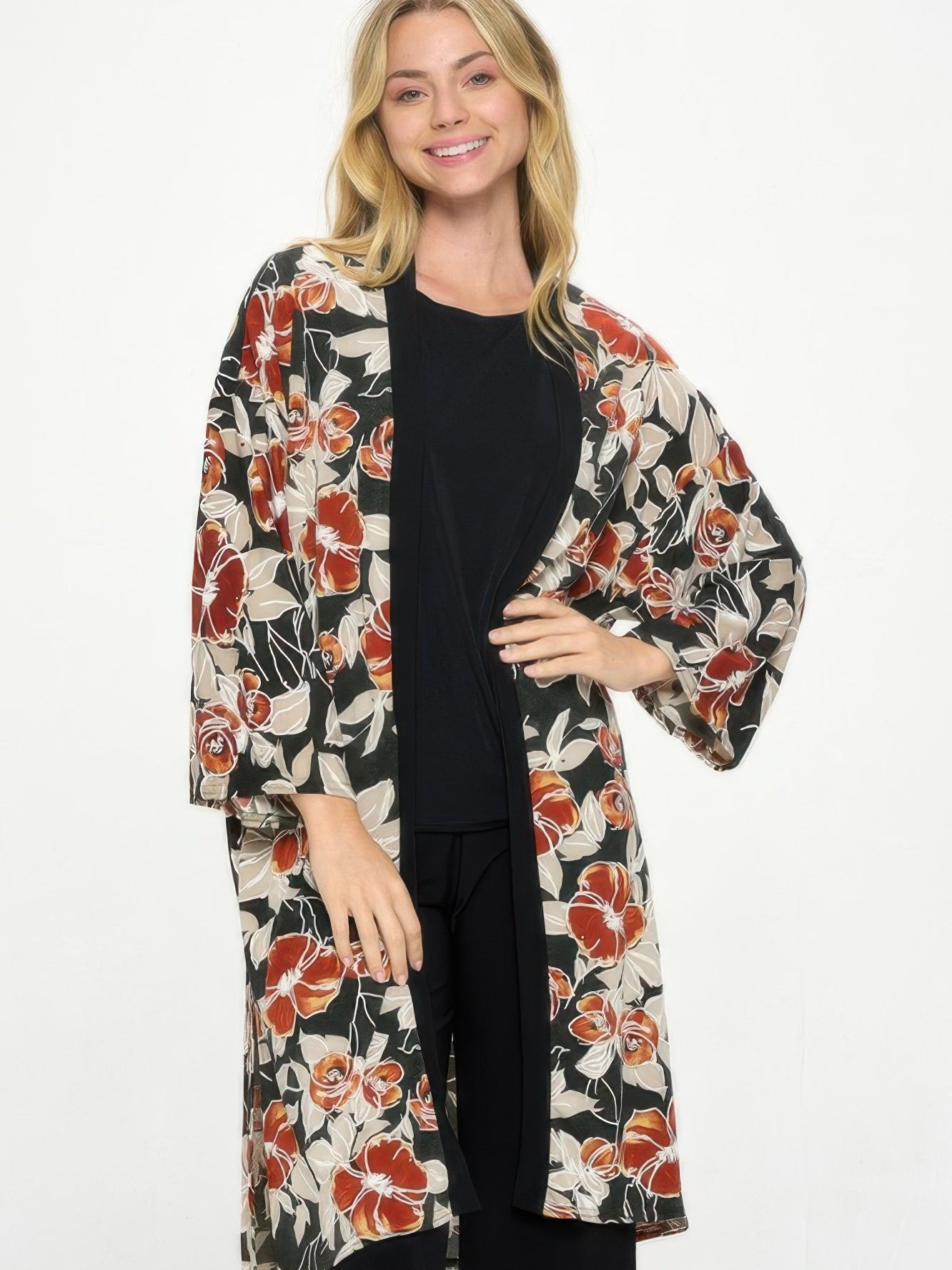 Hit Kimono Long Jacket With Pocket featuring an elegant floral design, perfect for layering over casual outfits.