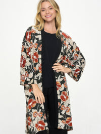 Hit Kimono Long Jacket With Pocket featuring an elegant floral design, perfect for layering over casual outfits.
