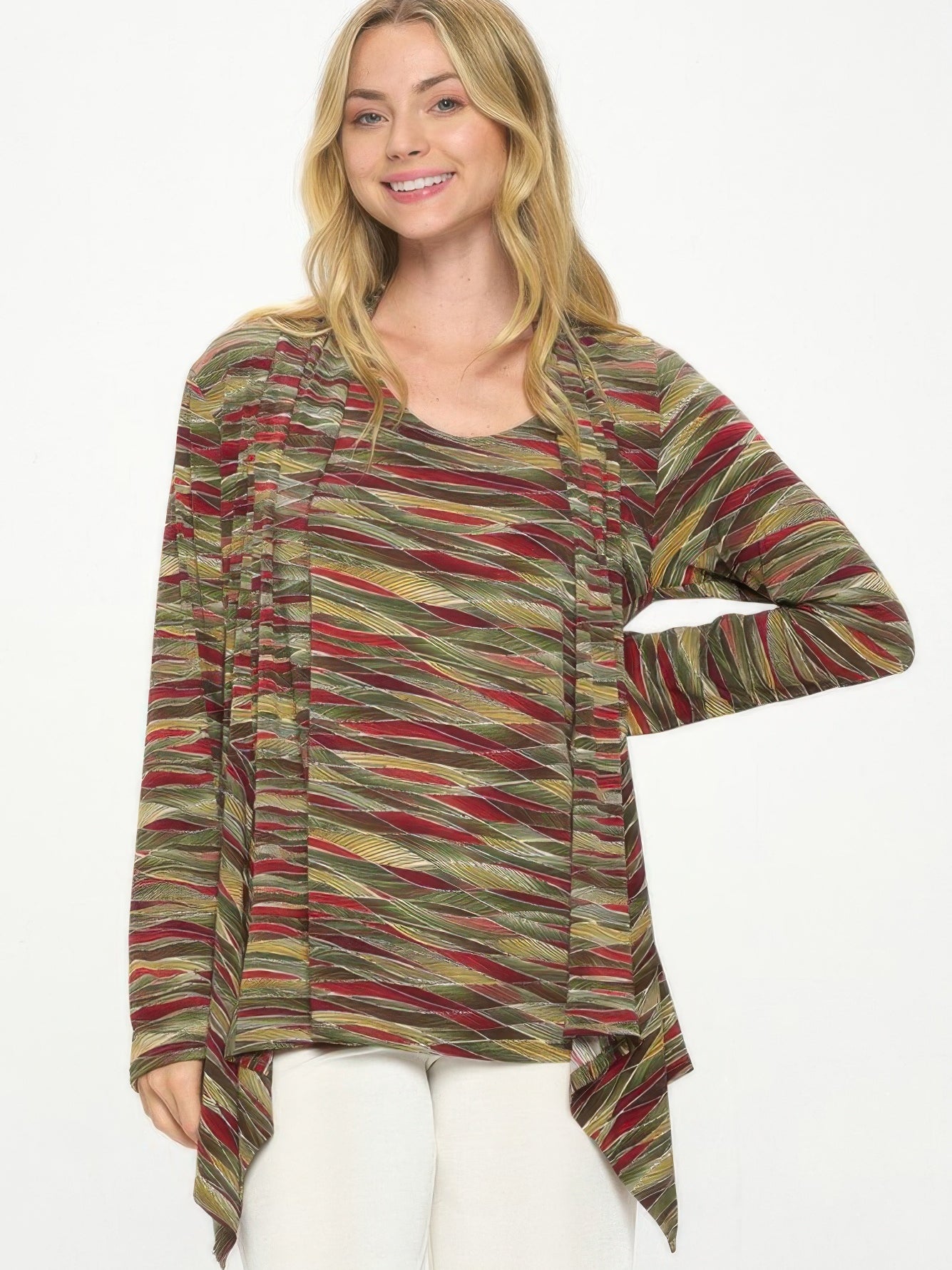 Mid Cut Print Jacket | Stylish mid-cut print jacket with draped front and bold design for versatile layering.