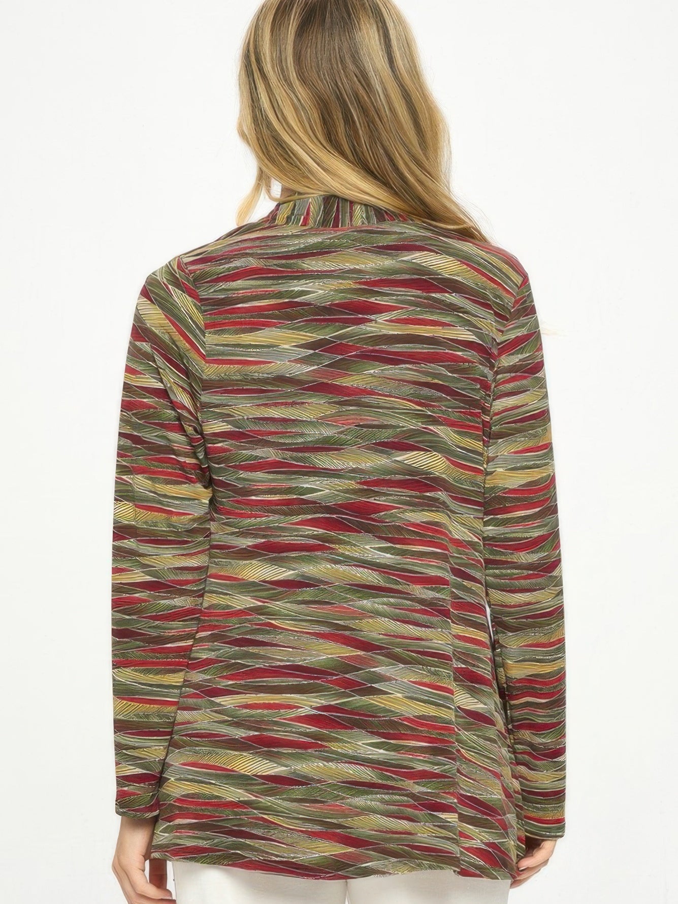 Back view of a woman wearing a mid cut print jacket with colorful wave pattern, showcasing stylish versatility.