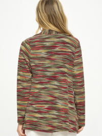 Back view of a woman wearing a mid cut print jacket with colorful wave pattern, showcasing stylish versatility.