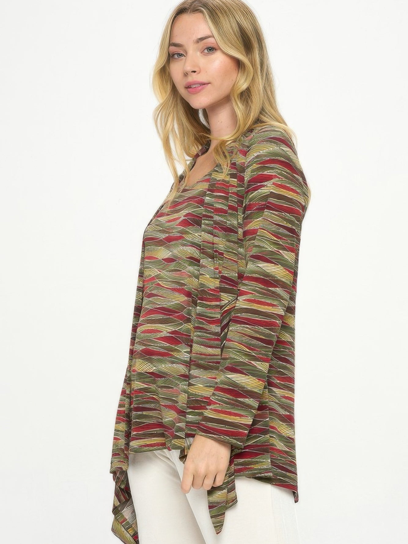 Mid Cut Print Jacket featuring a soft draped front and a bold modern printed design, perfect for stylish layering.
