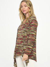 Mid Cut Print Jacket featuring a soft draped front and a bold modern printed design, perfect for stylish layering.