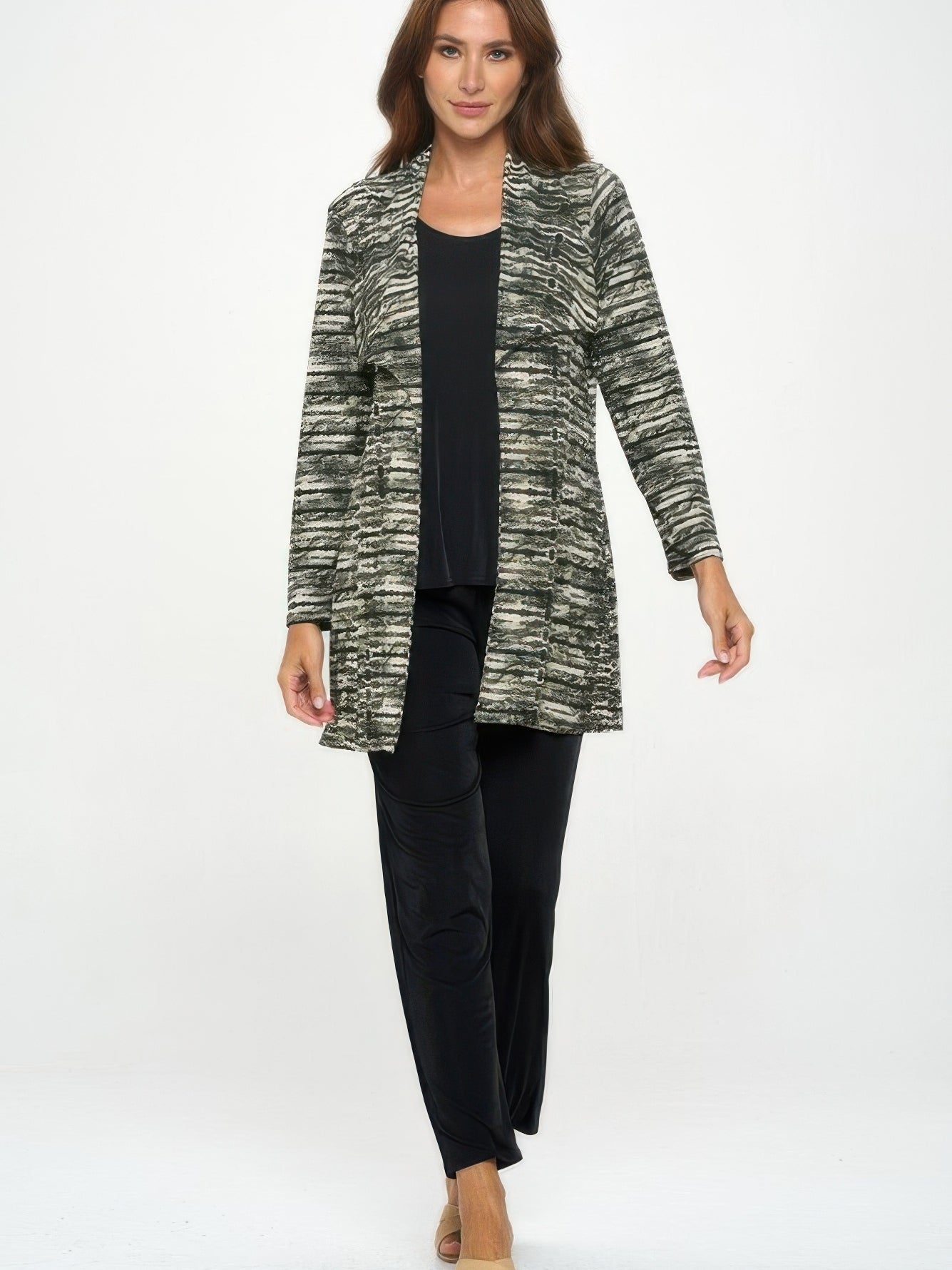 Model wearing ITY Cardigan Fabric Contents styled with black top and pants, showcasing its lightweight and versatile design.