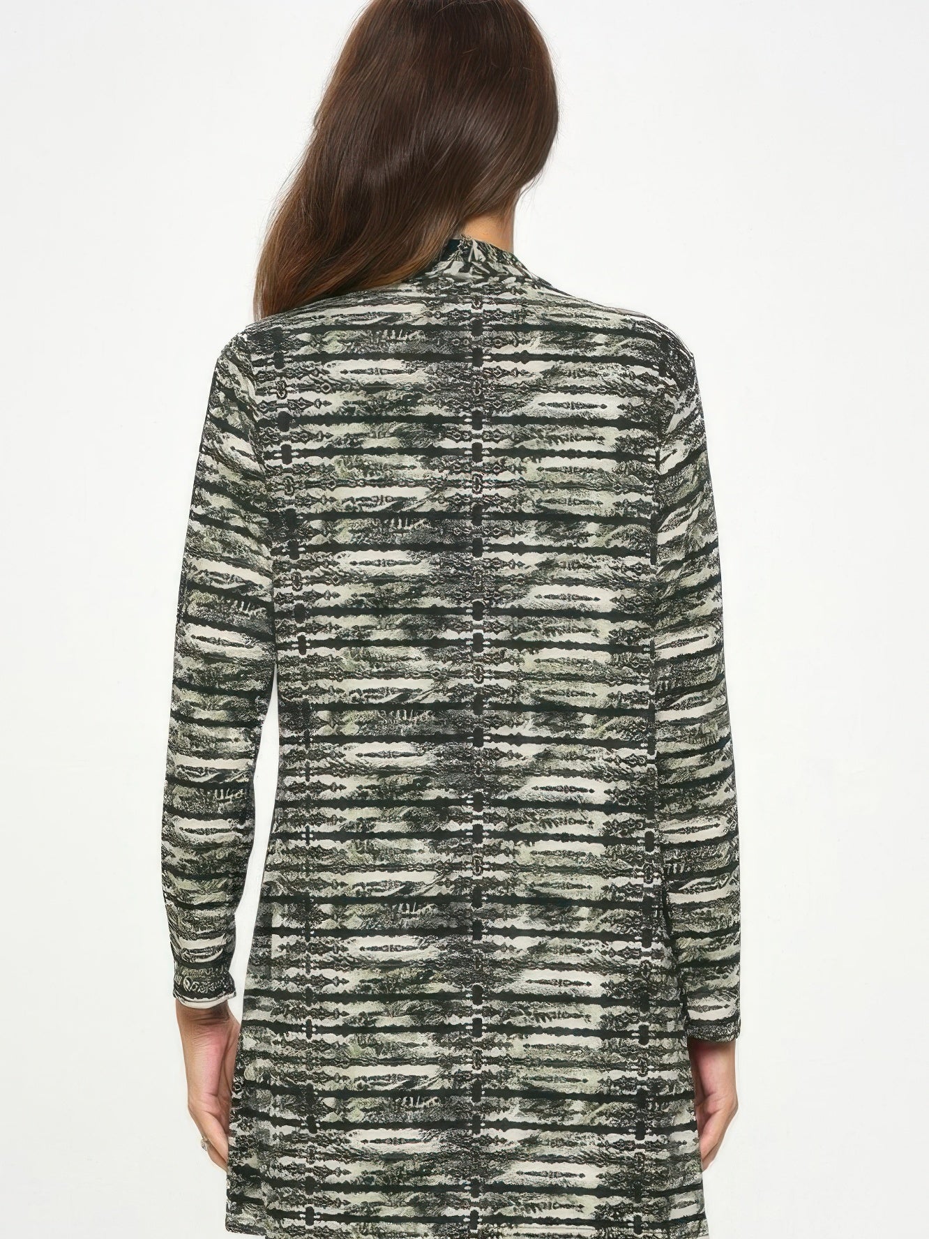 Back view of ITY Cardigan Fabric Contents showcasing its stylish design and soft fabric.