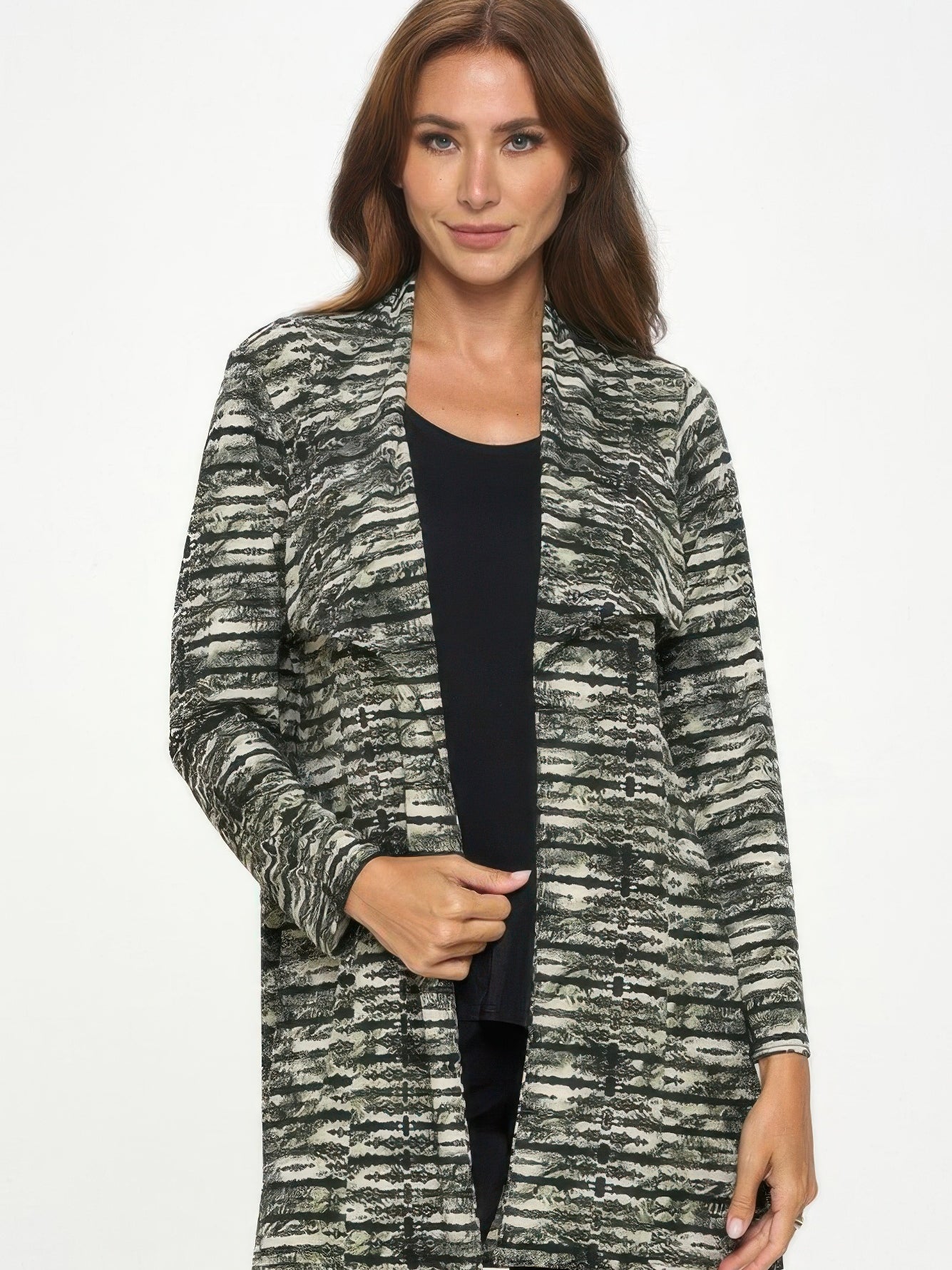 ITY Cardigan Fabric Contents model wearing a stylish open-front cardigan in a black and white pattern.
