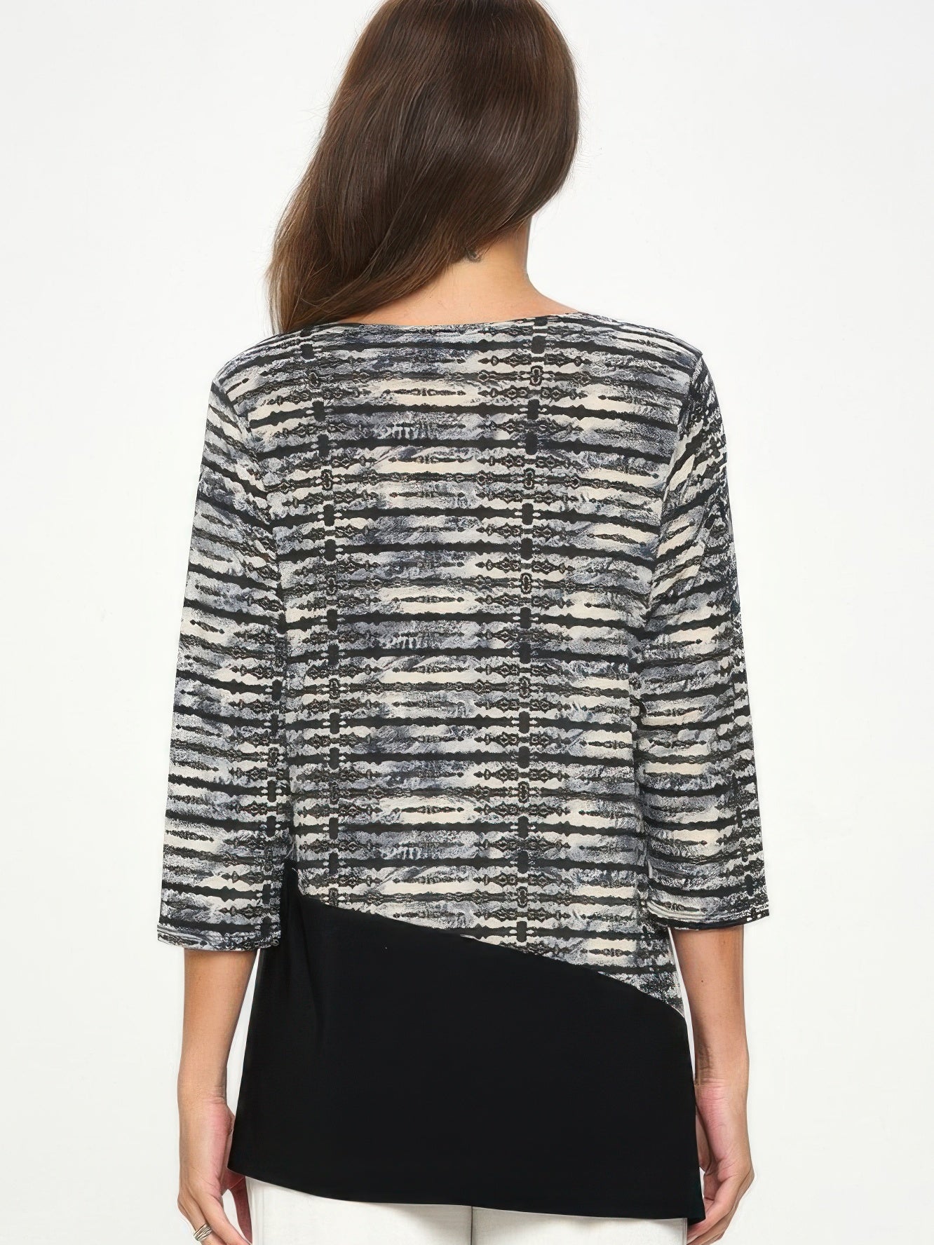 Back view of Round Neck Quarter Sleeve Top featuring stylish pattern and smooth ITY fabric, perfect for versatile layering.