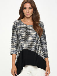 Round Neck Quarter Sleeve Top in black and white pattern, features quarter sleeves and a flattering silhouette for day-to-night wear.