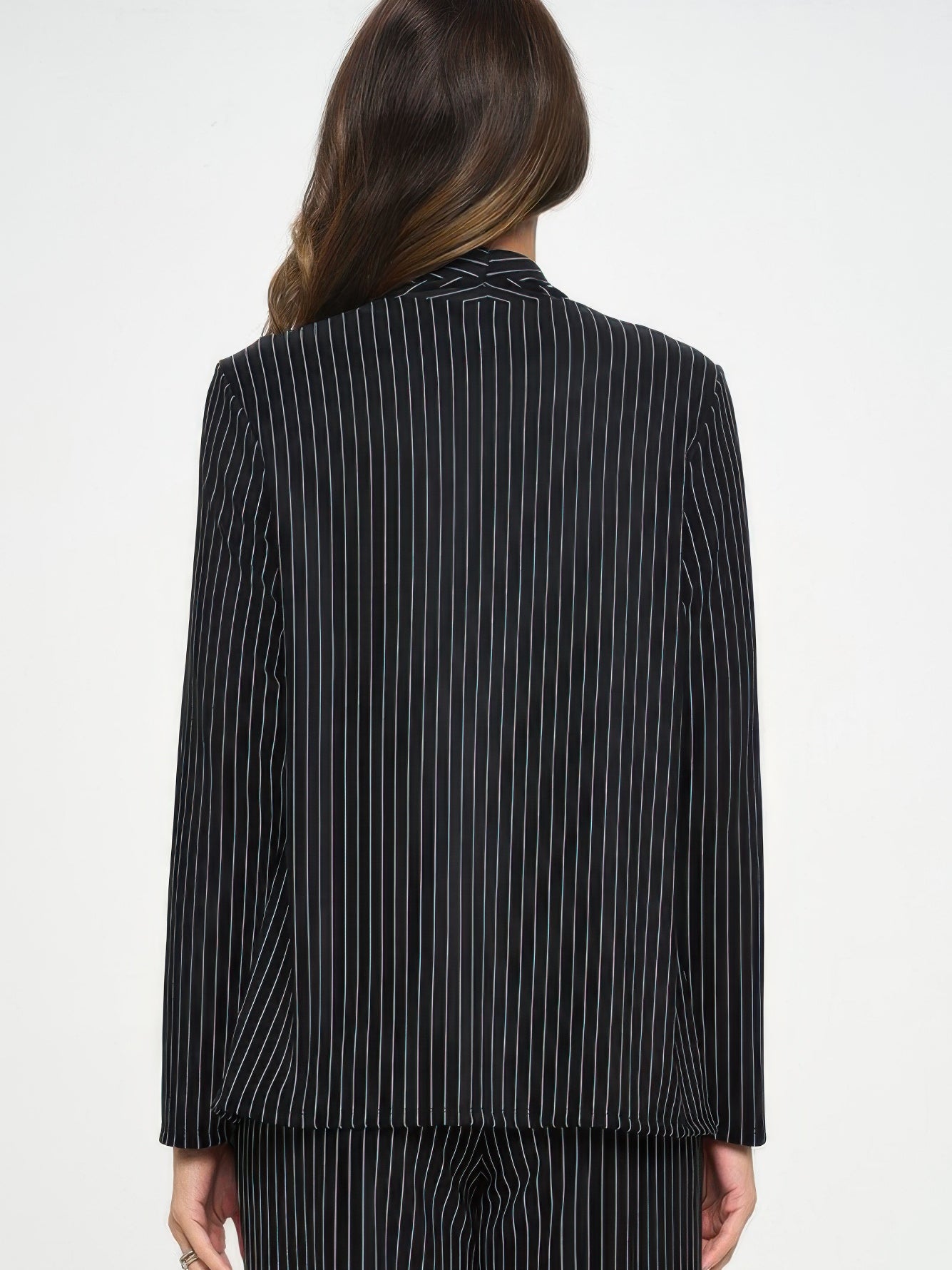 Back view of Ottoman Pinstripe Front Drape Jacket showcasing its refined design and tonal pinstripe texture.