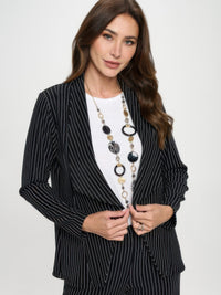 Ottoman Pinstripe Front Drape Jacket featuring draped open front with tonal pinstripe design and layered styling.