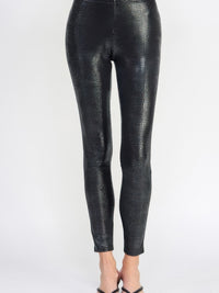 Stylish Snake Skin Print Leggings showcasing a sleek pleather-like finish for a flattering fit and comfort.