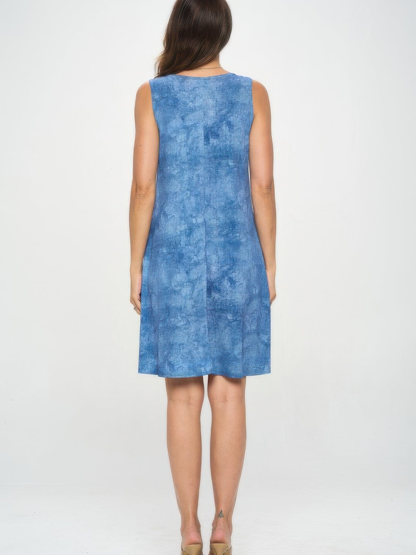 ITY Fabric V-Neckline Short Dress showcased from the back, featuring a blue design and comfortable fit.