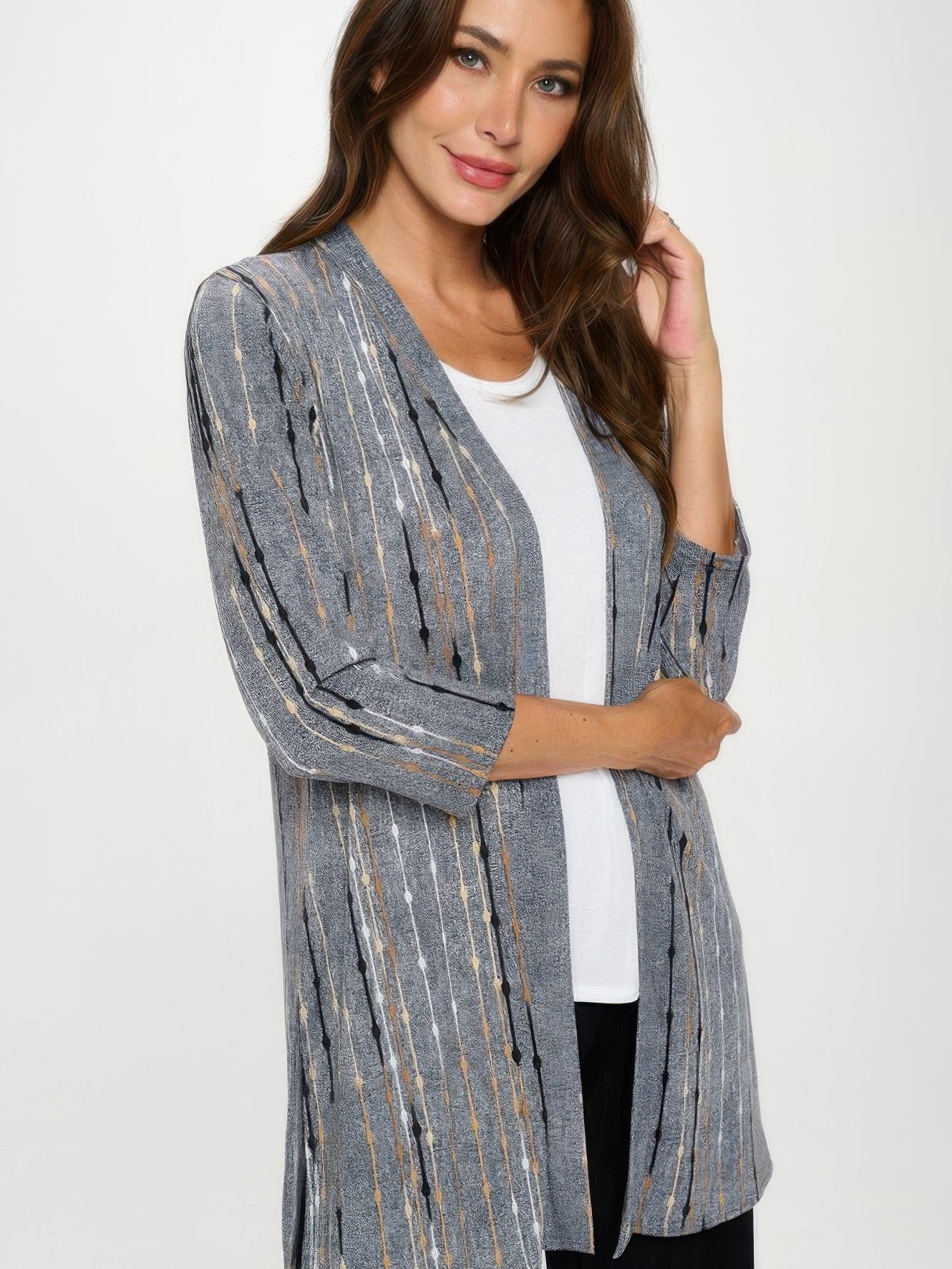 Long Sleeve Cardigan featuring a stylish gray design with metallic accents, perfect for layering and comfort.