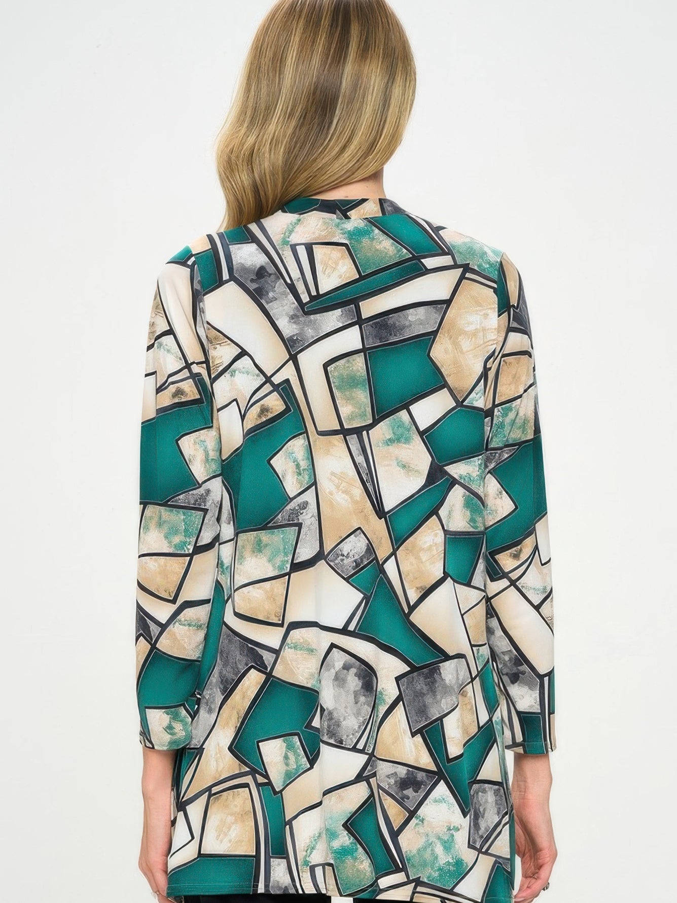 Back view of a stylish Long Sleeve Cardigan featuring a bold printed design in teal and neutral colors.