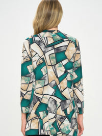 Back view of a stylish Long Sleeve Cardigan featuring a bold printed design in teal and neutral colors.